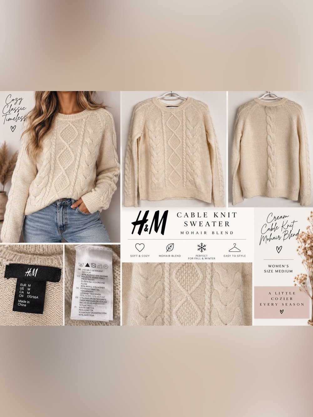 H&M Cream Cable-Knit Crewneck Sweater